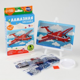 Алмазная мозаика 'Самолет' 10*15см, частичная выкладка, стразы, мольберт