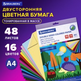 Бумага цветная А4 48л 16цв двустор., 80 г/м2, склейка, офсетная, тонированная, BRAUBERG 