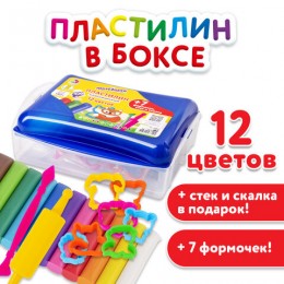 Пластилин 12цв 130гр ЮНЛАНДИЯ 'Юнландик в зоопарке', в боксе, скалка, стек, 7 формочек