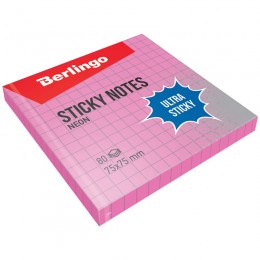 Блок клейкий 75*75мм 80л в клетку, розовый неон BERLINGO 'Ultra Sticky'