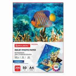 Фотобумага глянцевая А4 200г/м2 50л, односторонняя BRAUBERG ORIGINAL 