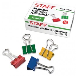 Зажим для бумаги 19мм цветной НАБОР 12шт. STAFF