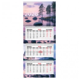 Календарь квартальный 2026г. мини 'Озеро' BRAUBERG, 3 бл. на 3 гр. 19,5*45,2см