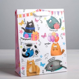 Пакет подарочный 12*15*5,5см 'Забавные коты' ламинированый, вертикальный