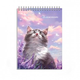 Блокнот А6 96л, гребень, клетка 'Кот и лаванда' ФЕНИКС+