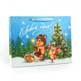 Пакет подарочный 40*31*11,5см 'Зверята возле ёлки' ламинированный, горизонтальный