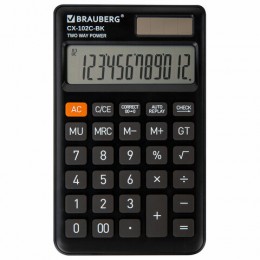 Калькулятор 12 разрядов карманный BRAUBERG CX-102C-BK черный, двойное питание, 126*76мм