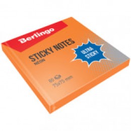 Блок клейкий 75*75мм 80л оранжевый неон BERLINGO 'Ultra Sticky'