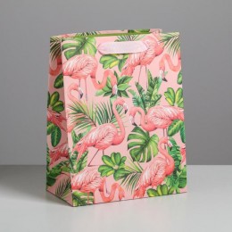Пакет подарочный 18*23*10см 'Тропики и фламинго' ламинированный, вертикальный, Дарите Счастье