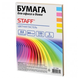 Бумага А4 80г/м2 100л STAFF color, микс (5цв*20л) цветная пастель