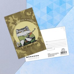 Почтовая карточка '23 февраля' суровый кот, 10*15см 