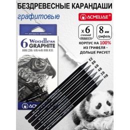Набор угольных карандашей 6шт (HB, 2B, 4B, 6B, 8B, EE) ACMELIAE, бездревесные, картонная коробка