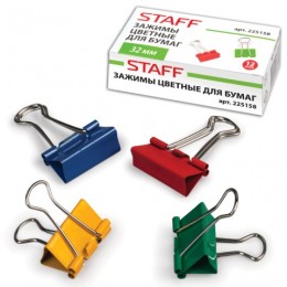 Зажим для бумаги 32мм цветной НАБОР 12шт. STAFF