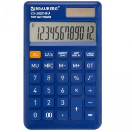 Калькулятор 12 разрядов карманный BRAUBERG CX-102C-BU синий, двойное питание, 76*126мм