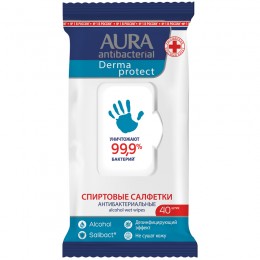 Салфетки влажные 40шт Aura 'Derma Protect', 20*15, big-pack с крышкой, антибактериальные, спиртовые