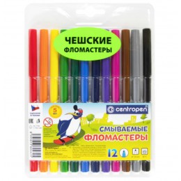 Фломастеры 12цв CENTROPEN 'Washable', смываемые, блистер