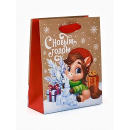 Пакет подарочный 12*15*5,5см 'С Новым годом. Конь' крафтовый, вертикальный