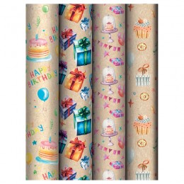 Бумага упаковочная 70*100см 'С Днем рождения', крафтовая, ассорти