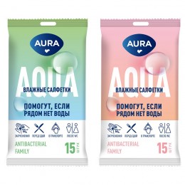 Салфетки влажные Aura 'Family', 15шт., антибактериальные