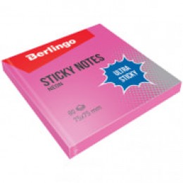 Блок клейкий 75*75мм 80л розовый неон BERLINGO 'Ultra Sticky'