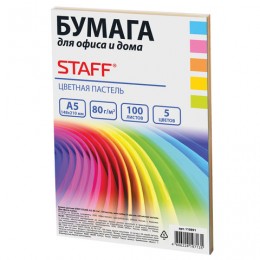 Бумага А5 80г/м2 100л STAFF color, микс (5цв*20л), пастель
