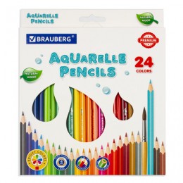 Карандаши акварельные 24цв BRAUBERG PREMIUM AQUARELLE, грифель мягкий 4 мм