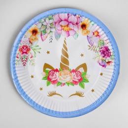 Тарелка бумажная 'Единорог и цветы' (набор 6 шт) цвет голубой 
